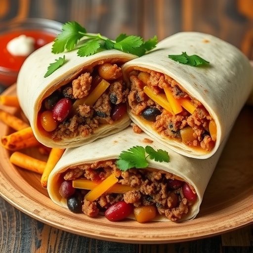 Savory Beef Burrito Recipe Beef burrito cut in half with filling, served with salsa and sour cream on a wooden plate.